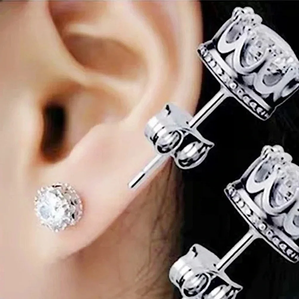 NEW 3 ctw 18k White Gold S925 Crown Stud Diamond Simulate‎ Earrings